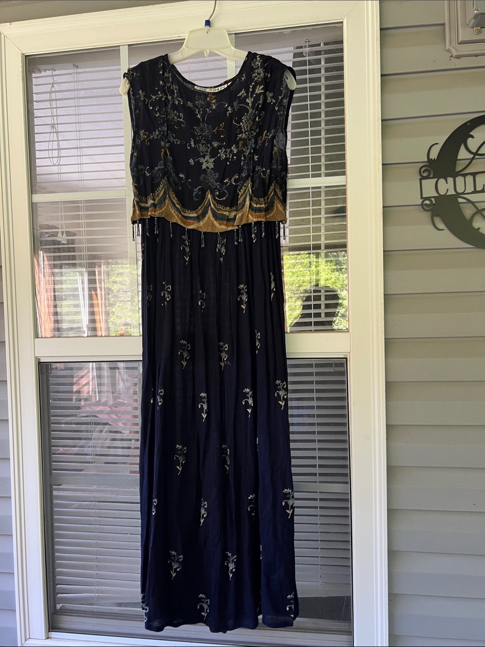 Jane Ashley Navy and Gold Embroidered Maxi Dress